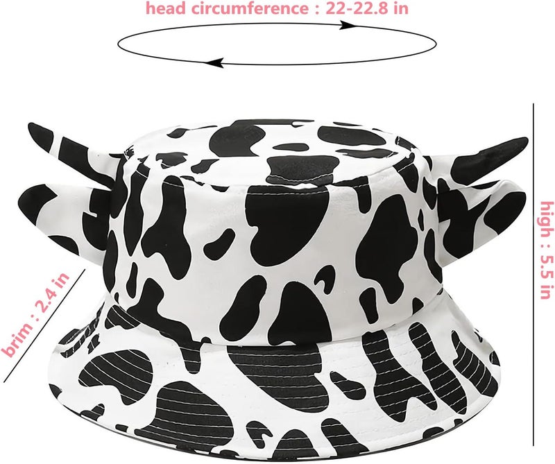QANQIUPLE Cow Print Bucket Hat with Cute Horn Ears Cow Print Summer Beach Sun Hat Fisherman's Cow Bucket Hat - Image 3